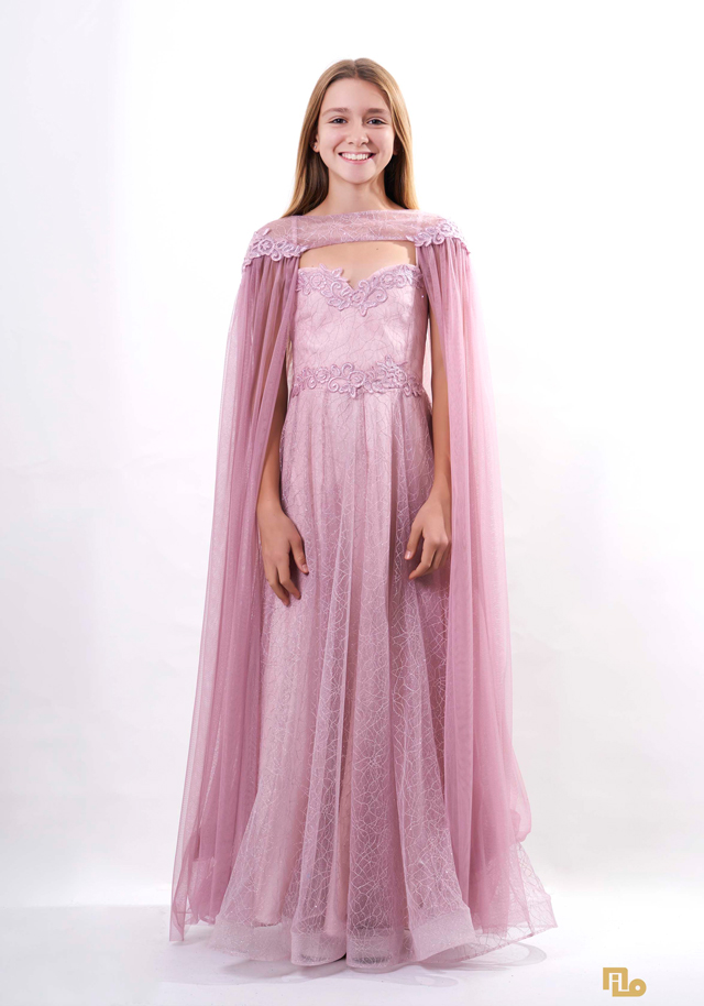 PELERİNLİ LEZ JAKAR APLİKLİ UZUN ELBİSE Çocuk Abiye