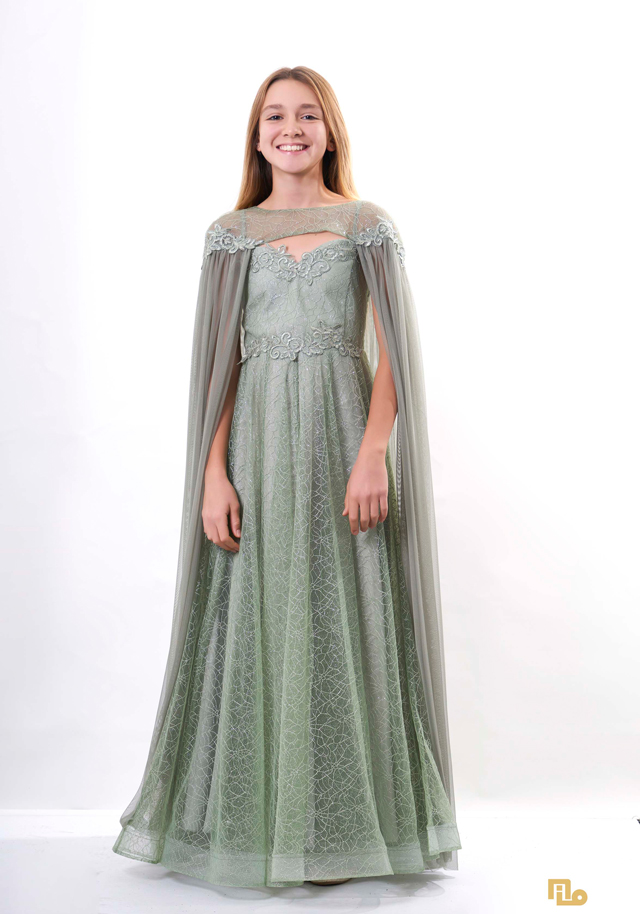 PELERİNLİ LEZ JAKAR APLİKLİ UZUN ELBİSE Çocuk Abiye