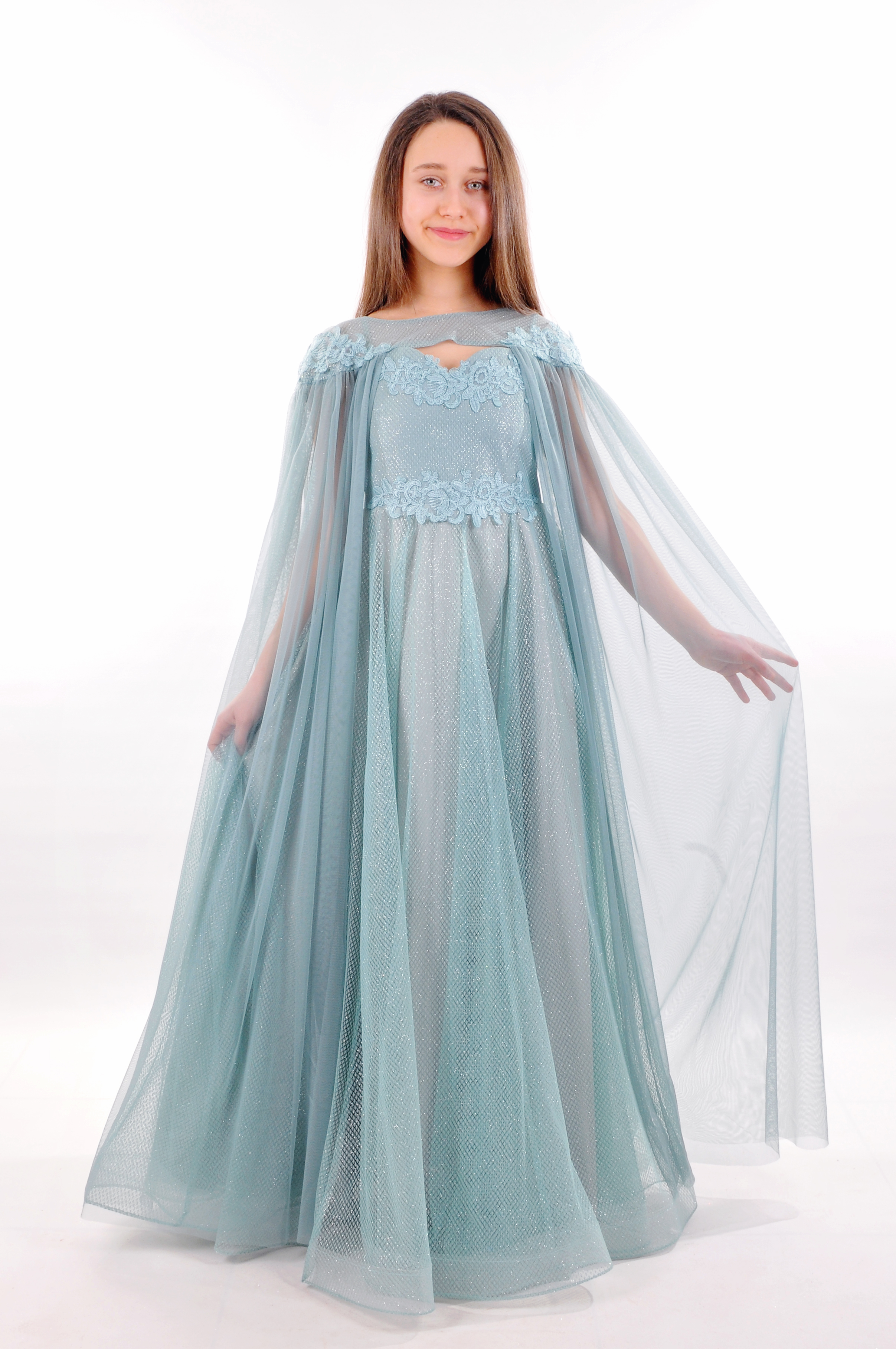 PELERİNLİ LEZ JAKAR APLİKLİ UZUN ELBİSE Çocuk Abiye