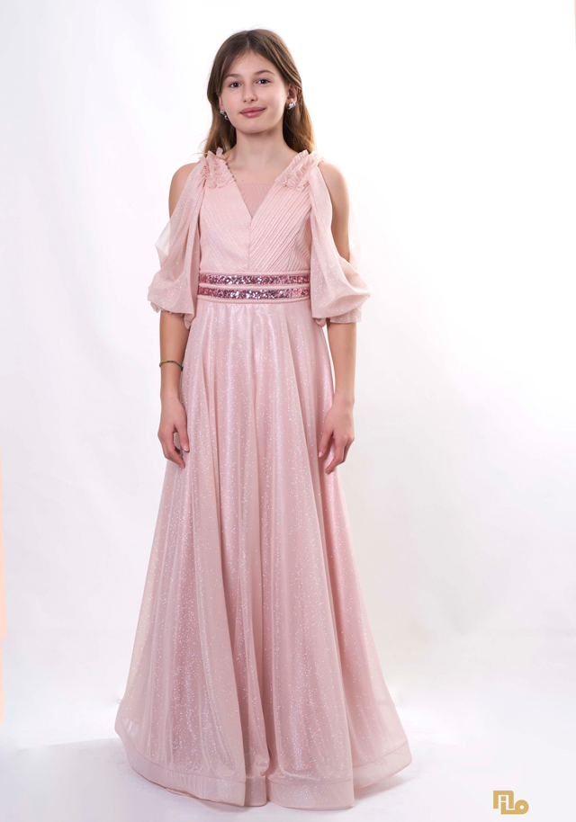 SİMLİ ŞİFON DEGAJE KOLLU ELBİSE Çocuk Abiye