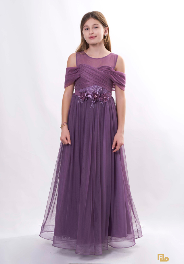 DEGAJE KOL ÇİÇEKLİ LİKRA TÜL UZUN ELBİSE Çocuk Abiye