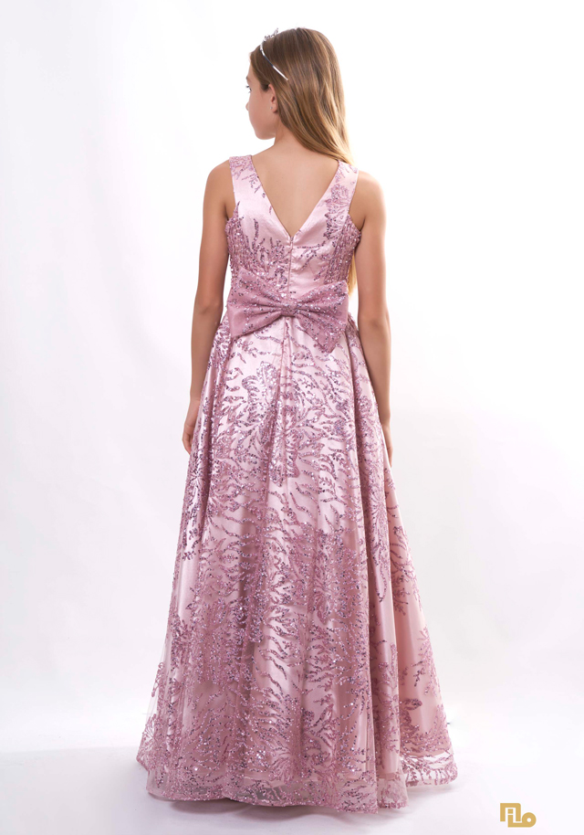 GLITERSİM BASKILI TOKALI UZUN ELBİSE Kız Çocuk Abiye