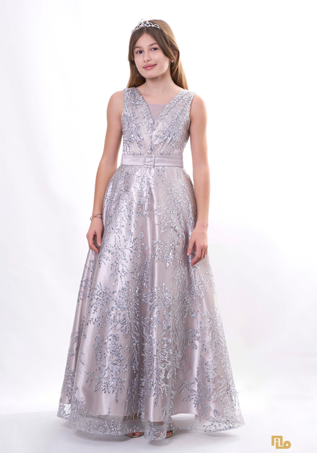 GLITERSİM BASKILI TOKALI UZUN ELBİSE Kız Çocuk Abiye